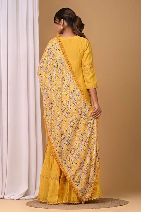 Shop_Gulabik Jaipur_Yellow Chanderi Lace, Embroidery Split V-neck Embellished Kurta And Gharara Set _at_Aza_Fashions