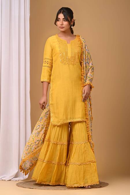 Gulabik Jaipur_Yellow Chanderi Lace, Embroidery Split V-neck Embellished Kurta And Gharara Set _Online_at_Aza_Fashions