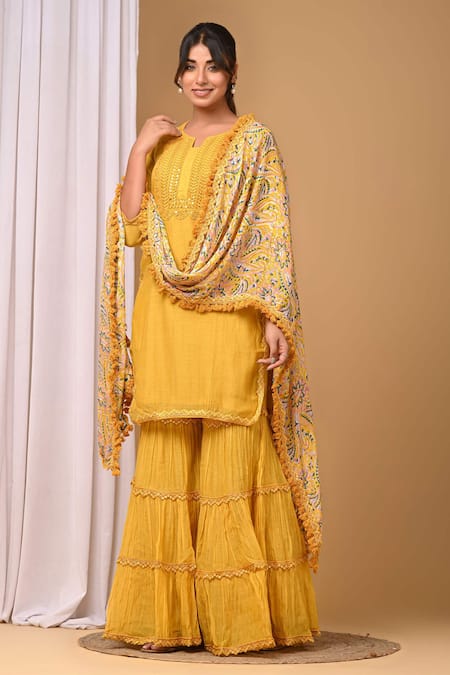 Buy_Gulabik Jaipur_Yellow Chanderi Lace, Embroidery Split V-neck Embellished Kurta And Gharara Set _Online_at_Aza_Fashions