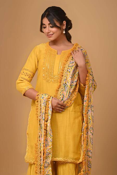 Shop_Gulabik Jaipur_Yellow Chanderi Lace, Embroidery Split V-neck Embellished Kurta And Gharara Set _Online_at_Aza_Fashions