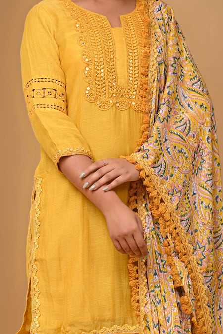 Gulabik Jaipur_Yellow Chanderi Lace, Embroidery Split V-neck Embellished Kurta And Gharara Set _at_Aza_Fashions