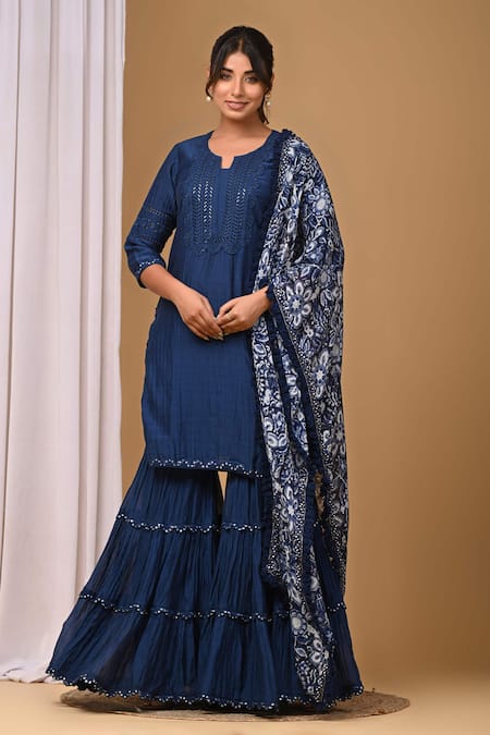 Gulabik Jaipur Blue Handloom Chanderi Embellishment Floral Notched Kurta And Gharara Set 