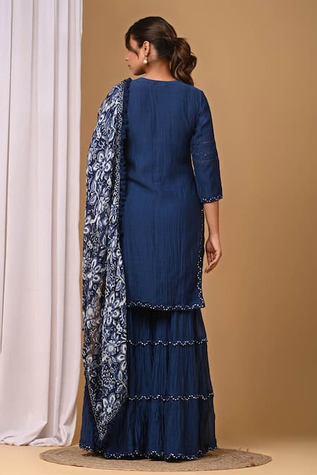 Shop_Gulabik Jaipur_Blue Chanderi Lace, Embroidery Keyhole Neck Handloom Kurta And Gharara Set _at_Aza_Fashions