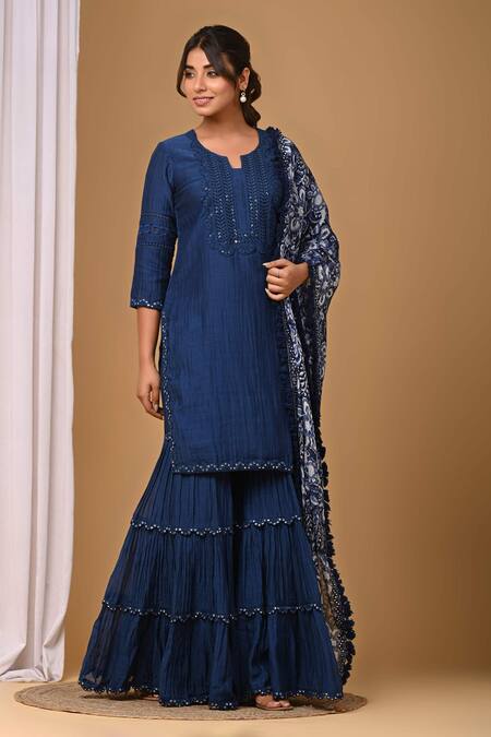 Gulabik Jaipur_Blue Chanderi Lace, Embroidery Keyhole Neck Handloom Kurta And Gharara Set _Online_at_Aza_Fashions