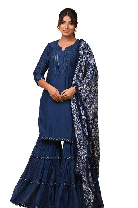Buy_Gulabik Jaipur_Blue Chanderi Lace, Embroidery Keyhole Neck Handloom Kurta And Gharara Set _Online_at_Aza_Fashions