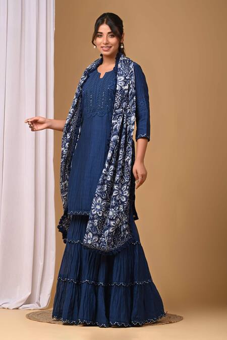 Shop_Gulabik Jaipur_Blue Chanderi Lace, Embroidery Keyhole Neck Handloom Kurta And Gharara Set _Online_at_Aza_Fashions