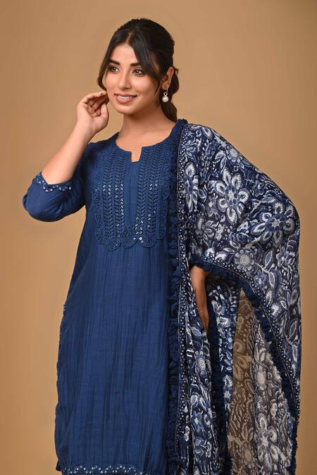 Gulabik Jaipur_Blue Chanderi Lace, Embroidery Keyhole Neck Handloom Kurta And Gharara Set _at_Aza_Fashions