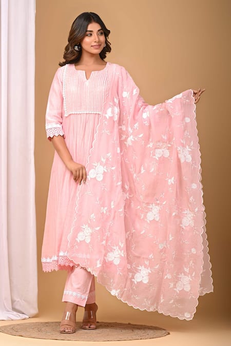 Buy_Gulabik Jaipur_Pink Chanderi, Handloom Cotton Lace, Embroidery Pintuck Pleat Kurta And Pant Set_Online_at_Aza_Fashions