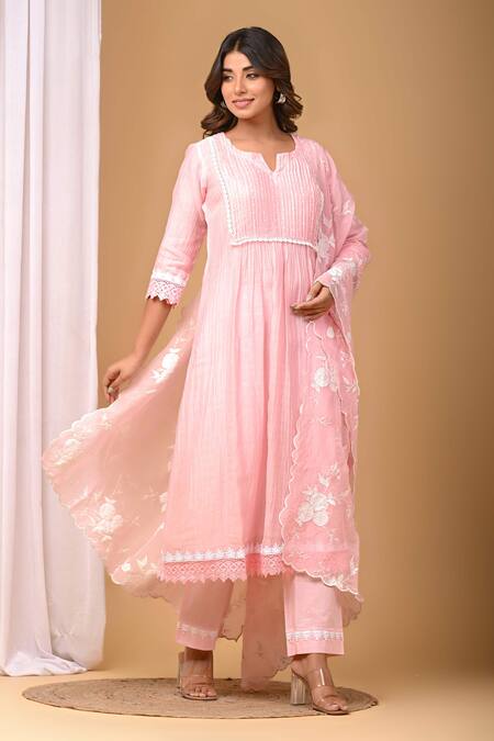 Shop_Gulabik Jaipur_Pink Chanderi, Handloom Cotton Lace, Embroidery Pintuck Pleat Kurta And Pant Set_Online_at_Aza_Fashions