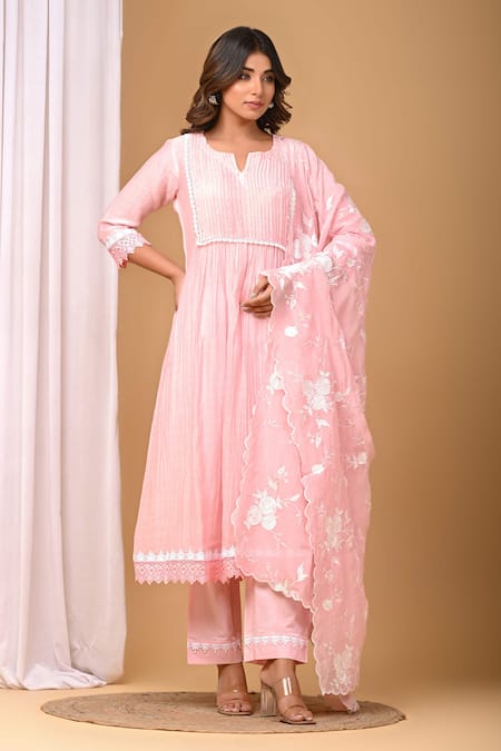 Gulabik Jaipur_Pink Chanderi, Handloom Cotton Lace, Embroidery Pintuck Pleat Kurta And Pant Set_at_Aza_Fashions