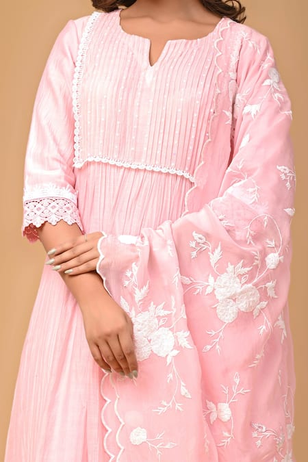 Buy_Gulabik Jaipur_Pink Chanderi, Handloom Cotton Lace, Embroidery Pintuck Pleat Kurta And Pant Set