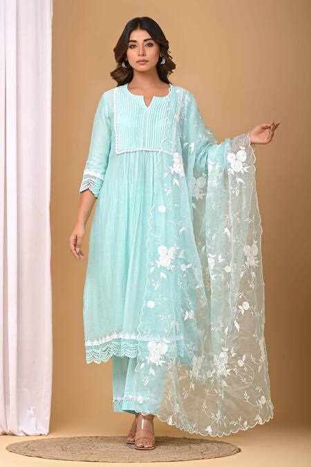 Gulabik Jaipur_Green Chanderi, Handloom Cotton Lace, Embroidery Floral Kurta And Dupatta Set_Online_at_Aza_Fashions