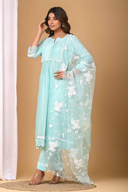 Buy_Gulabik Jaipur_Green Chanderi, Handloom Cotton Lace, Embroidery Floral Kurta And Dupatta Set_Online_at_Aza_Fashions