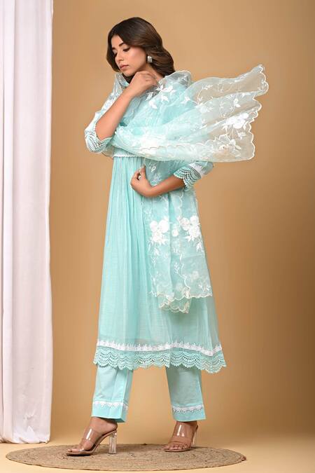 Shop_Gulabik Jaipur_Green Chanderi, Handloom Cotton Lace, Embroidery Floral Kurta And Dupatta Set_Online_at_Aza_Fashions