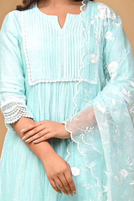 Gulabik Jaipur_Green Chanderi, Handloom Cotton Lace, Embroidery Floral Kurta And Dupatta Set_at_Aza_Fashions