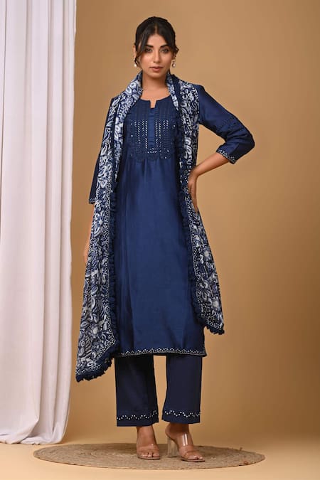 Shop_Gulabik Jaipur_Blue Chanderi Lace, Embroidery Split V-neck Handloom Kurta And Pant Set _Online_at_Aza_Fashions
