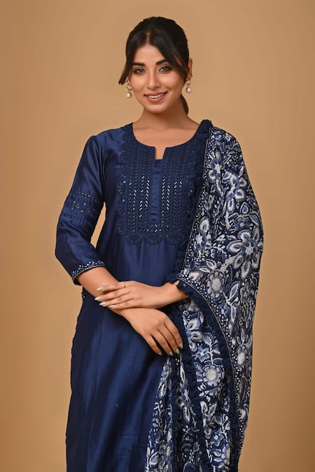 Gulabik Jaipur_Blue Chanderi Lace, Embroidery Split V-neck Handloom Kurta And Pant Set _at_Aza_Fashions