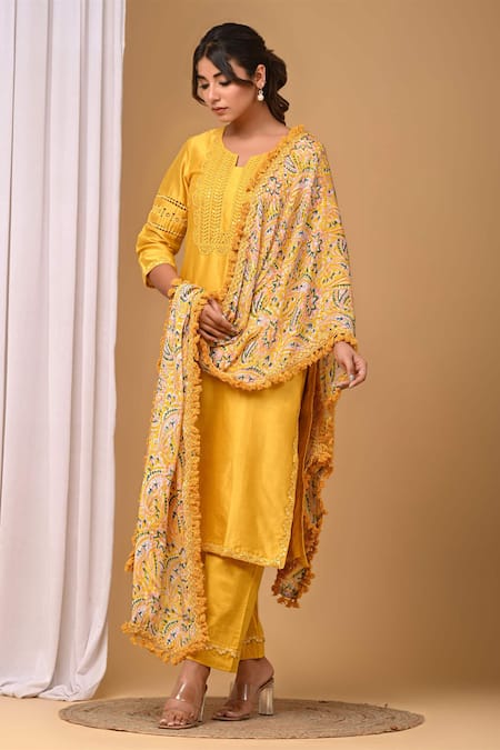 Gulabik Jaipur Yellow Handloom Chanderi Embellishment Floral Notched Kurta And Pant Set 