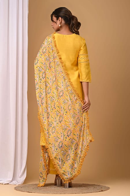 Shop_Gulabik Jaipur_Yellow Chanderi Lace, Embroidery Split Handloom Embellished Kurta And Pant Set _at_Aza_Fashions