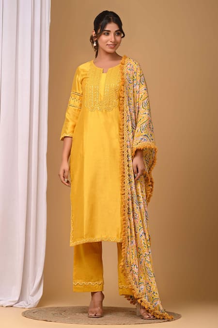 Gulabik Jaipur_Yellow Chanderi Lace, Embroidery Split Handloom Embellished Kurta And Pant Set _Online_at_Aza_Fashions