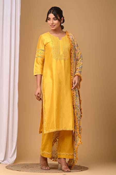 Shop_Gulabik Jaipur_Yellow Chanderi Lace, Embroidery Split Handloom Embellished Kurta And Pant Set _Online_at_Aza_Fashions