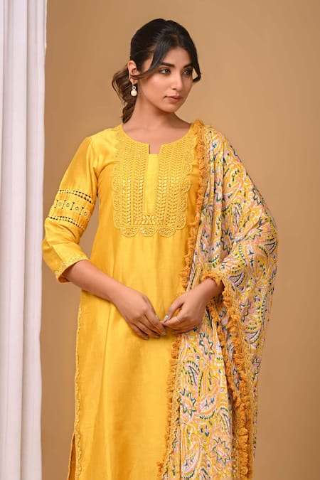 Gulabik Jaipur_Yellow Chanderi Lace, Embroidery Split Handloom Embellished Kurta And Pant Set _at_Aza_Fashions