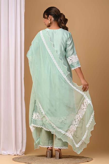 Shop_Gulabik Jaipur_Green Chanderi Lace V-neck Embellished Kurta And Pant Set _at_Aza_Fashions