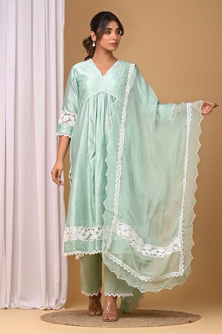 Gulabik Jaipur_Green Chanderi Lace V-neck Embellished Kurta And Pant Set _Online_at_Aza_Fashions