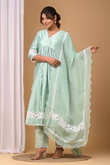 Buy_Gulabik Jaipur_Green Chanderi Lace V-neck Embellished Kurta And Pant Set _Online_at_Aza_Fashions