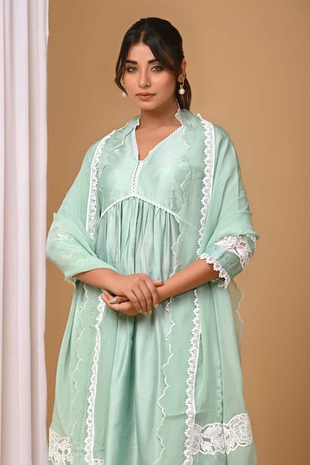 Shop_Gulabik Jaipur_Green Chanderi Lace V-neck Embellished Kurta And Pant Set _Online_at_Aza_Fashions