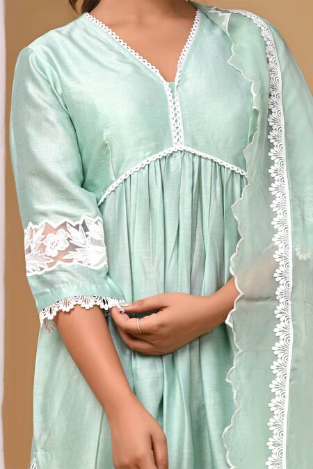 Gulabik Jaipur_Green Chanderi Lace V-neck Embellished Kurta And Pant Set _at_Aza_Fashions