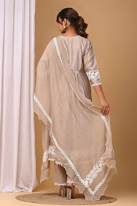 Shop_Gulabik Jaipur_Beige Chanderi, Handloom Cotton Lace V-neck Scallop Kurta And Dupatta Set _at_Aza_Fashions