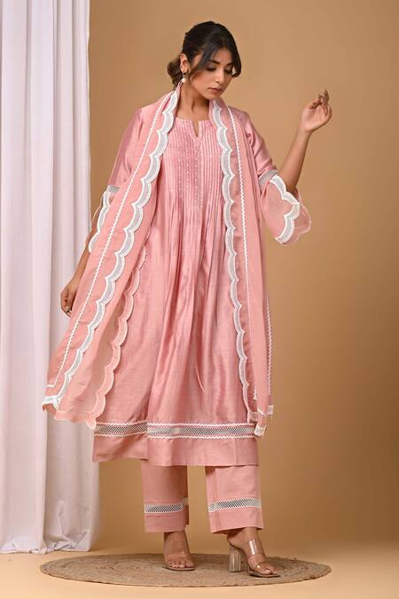 Buy Gulabik Jaipur Peach Chanderi Lace Split V-neck Scallop Embellished Kurta And Pant Set Online at Aza Fashions Buy_Gulabik Jaipur_Peach Chanderi Lace Split V-neck Scallop Embellished Kurta And Pant Set _Online_at_Aza_Fashions