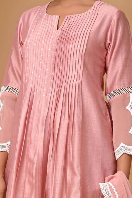 Buy Gulabik Jaipur Peach Chanderi Lace Split V-neck Scallop Embellished Kurta And Pant Set Buy_Gulabik Jaipur_Peach Chanderi Lace Split V-neck Scallop Embellished Kurta And Pant Set