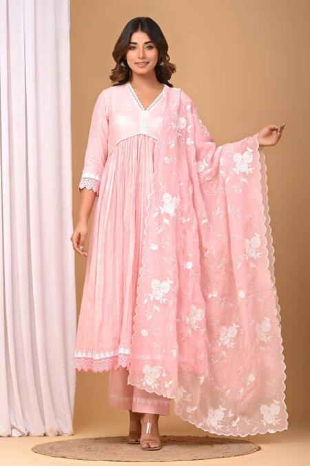 Gulabik Jaipur_Pink Chanderi, Chiffon Embroidery, Lace V-neck Yoke Gathered Anarkali And Pant Set_Online_at_Aza_Fashions