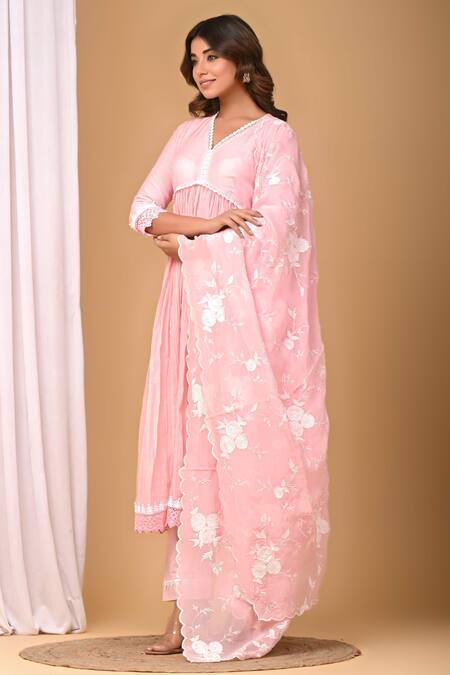 Buy_Gulabik Jaipur_Pink Chanderi, Chiffon Embroidery, Lace V-neck Yoke Gathered Anarkali And Pant Set_Online_at_Aza_Fashions