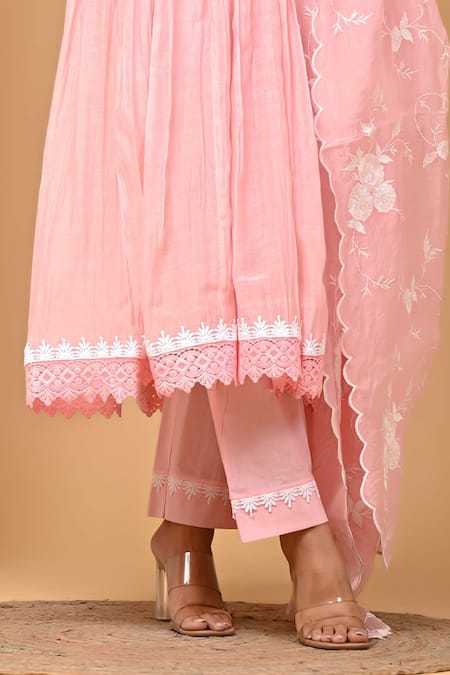 Gulabik Jaipur_Pink Chanderi, Chiffon Embroidery, Lace V-neck Yoke Gathered Anarkali And Pant Set_at_Aza_Fashions
