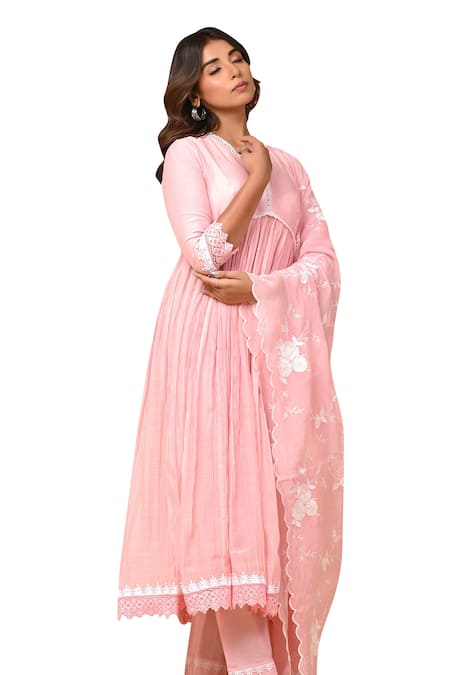 Buy_Gulabik Jaipur_Pink Chanderi, Chiffon Embroidery, Lace V-neck Yoke Gathered Anarkali And Pant Set