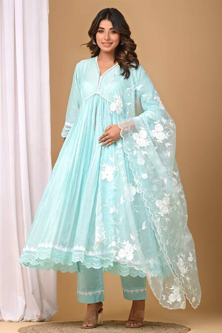 Gulabik Jaipur_Green Handloom Cotton, Chanderi Lace, Embroidery Floral Anarkali And Dupatta Set_Online_at_Aza_Fashions