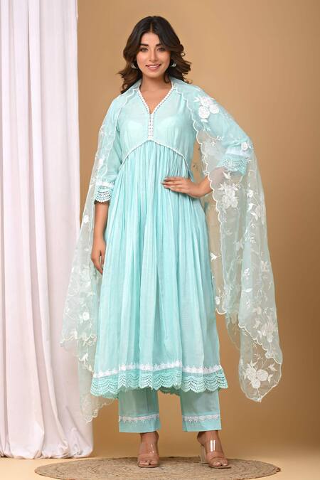 Buy_Gulabik Jaipur_Green Handloom Cotton, Chanderi Lace, Embroidery Floral Anarkali And Dupatta Set_Online_at_Aza_Fashions