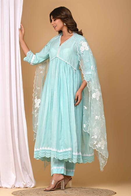 Gulabik Jaipur_Green Handloom Cotton, Chanderi Lace, Embroidery Floral Anarkali And Dupatta Set_at_Aza_Fashions