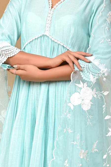 Shop_Gulabik Jaipur_Green Handloom Cotton, Chanderi Lace, Embroidery Floral Anarkali And Dupatta Set