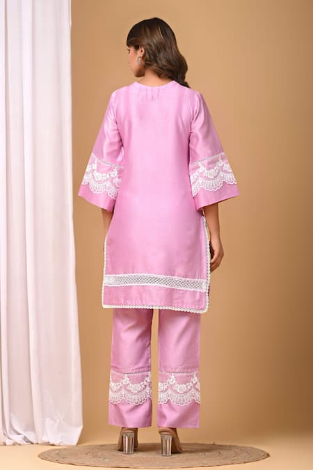Shop_Gulabik Jaipur_Purple Handloom Cotton, Chanderi Embroidery, Scallop Embellished Kurta With Pant _at_Aza_Fashions
