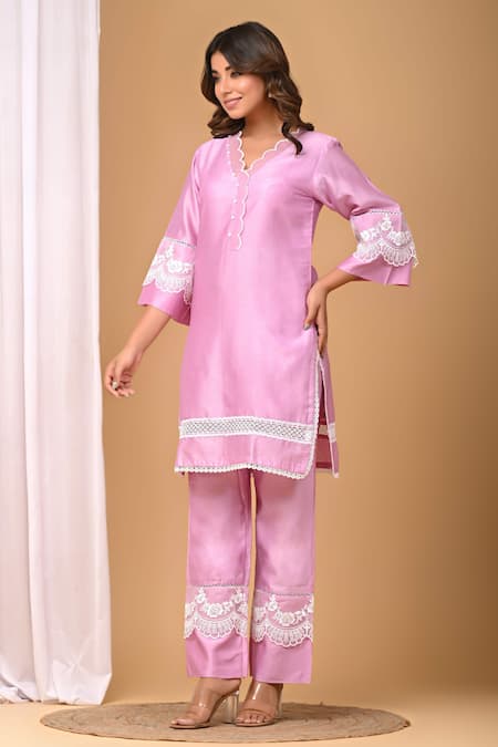 Buy_Gulabik Jaipur_Purple Handloom Cotton, Chanderi Embroidery, Scallop Embellished Kurta With Pant _Online_at_Aza_Fashions