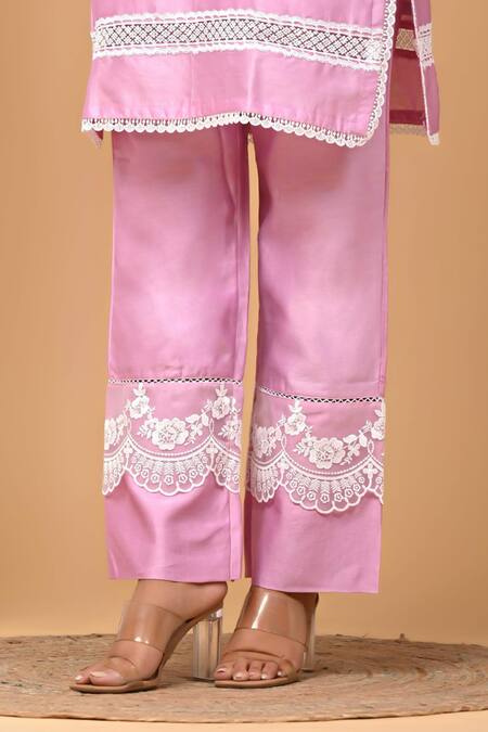 Shop_Gulabik Jaipur_Purple Handloom Cotton, Chanderi Embroidery, Scallop Embellished Kurta With Pant _Online_at_Aza_Fashions