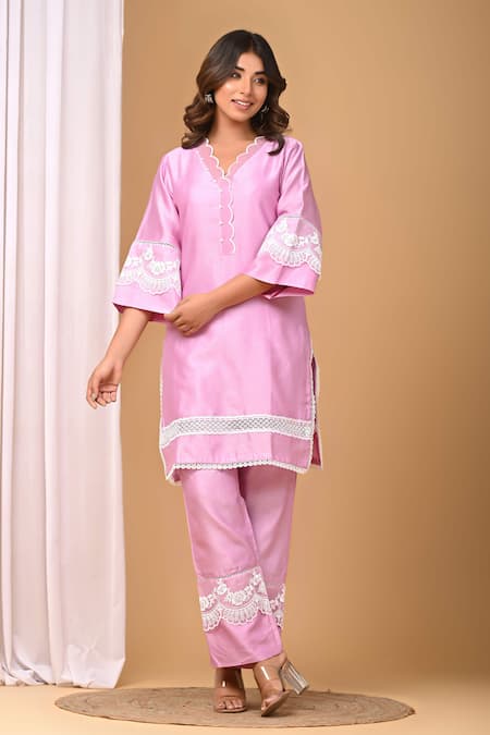 Gulabik Jaipur_Purple Handloom Cotton, Chanderi Embroidery, Scallop Embellished Kurta With Pant _at_Aza_Fashions