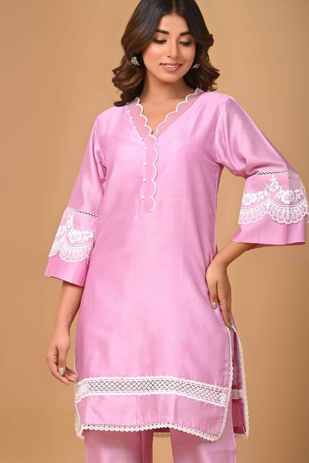 Buy_Gulabik Jaipur_Purple Handloom Cotton, Chanderi Embroidery, Scallop Embellished Kurta With Pant 