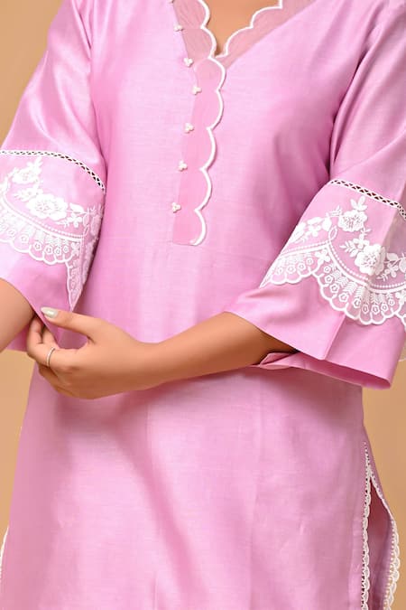 Shop_Gulabik Jaipur_Purple Handloom Cotton, Chanderi Embroidery, Scallop Embellished Kurta With Pant 