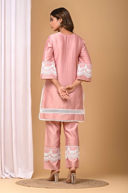 Shop_Gulabik Jaipur_Peach Handloom Cotton, Chanderi Lace, Embroidery Embellished Kurta With Pant _at_Aza_Fashions