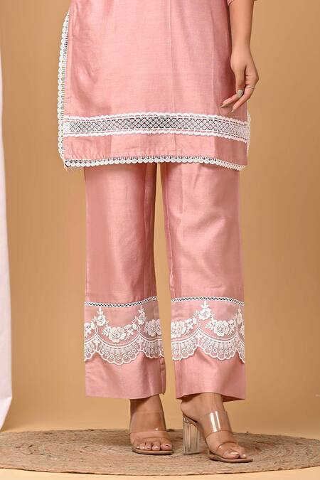Buy_Gulabik Jaipur_Peach Handloom Cotton, Chanderi Lace, Embroidery Embellished Kurta With Pant _Online_at_Aza_Fashions
